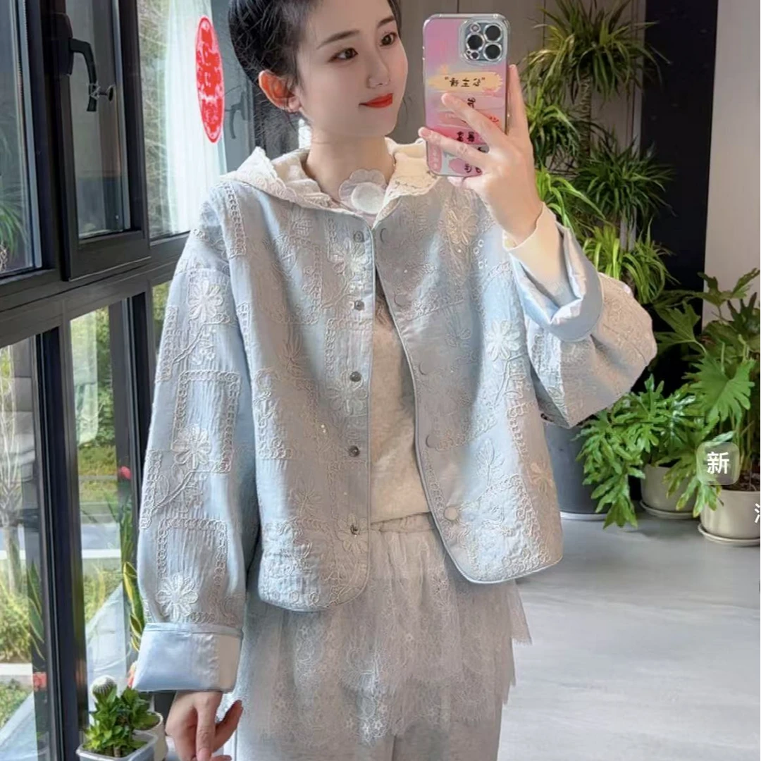 设计感2025春季新中式圆领显瘦短外套重工亮片绣花百搭洋气上衣女