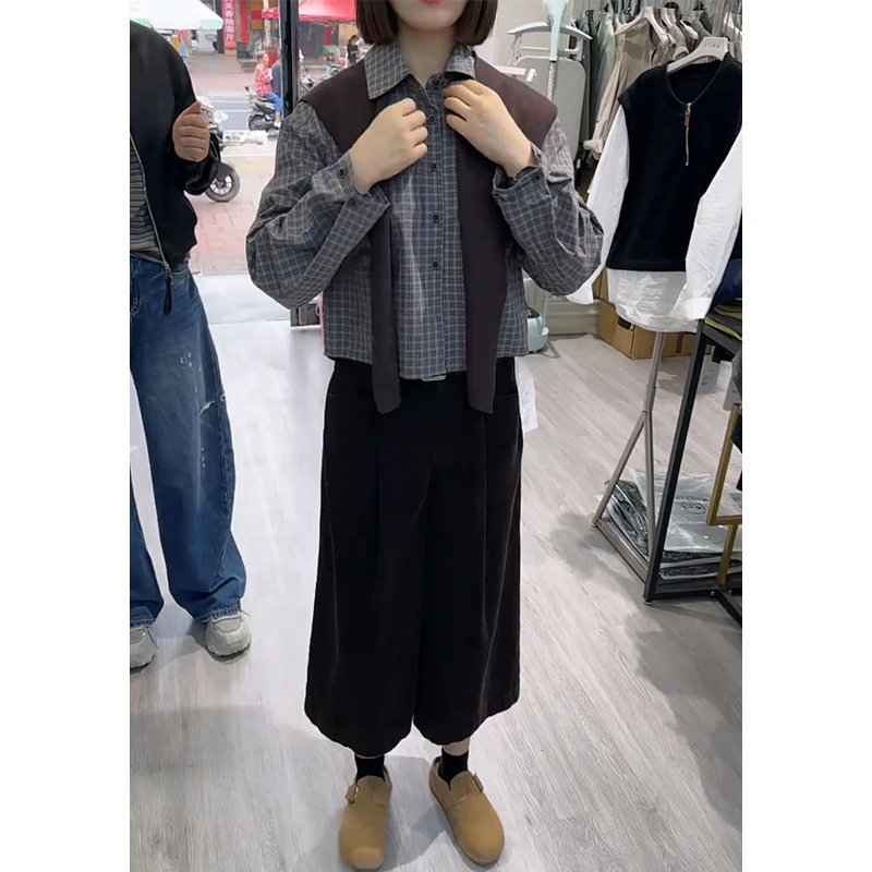 2025早秋新款韩系穿搭翻领格纹长袖衬衫上衣百搭披肩高腰直筒长裤