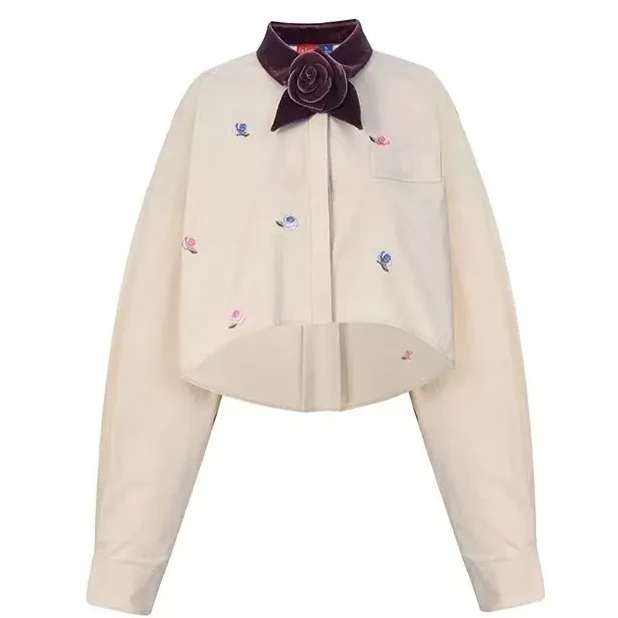 LeFame/拉飞姆24年秋撞色领玫瑰花装饰大廓形上衣LF24Q21SB220