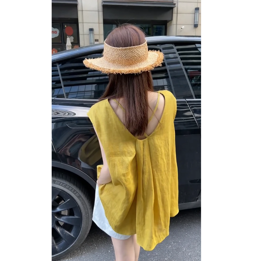 2025韩系简约V领无袖跨省弄套头衬衫上衣搭高腰显瘦短裤套装女