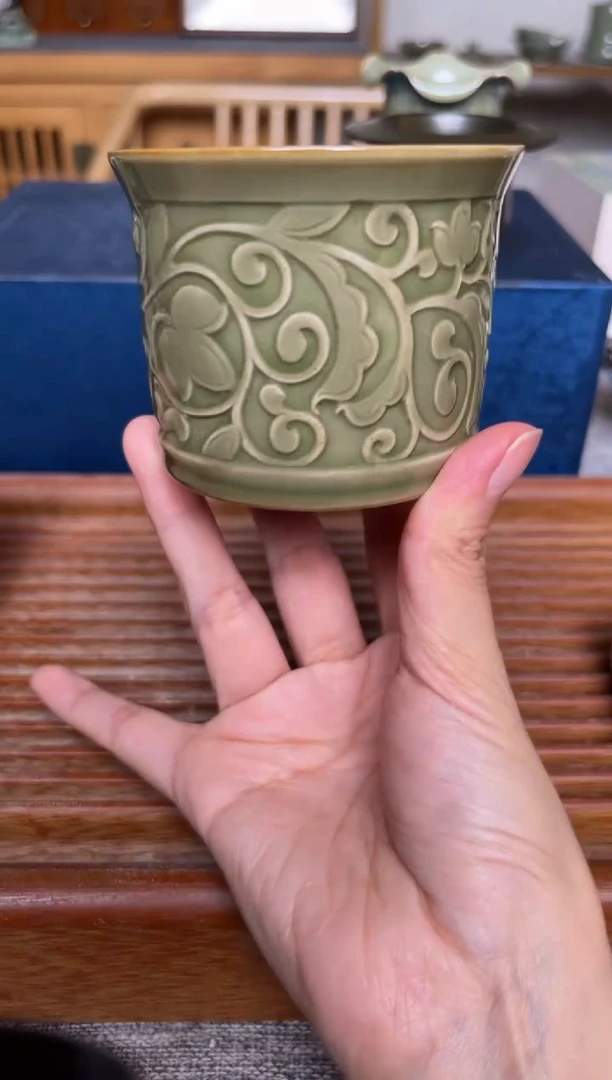 瓷器耀州窑唐草纹大缸杯 微瑕