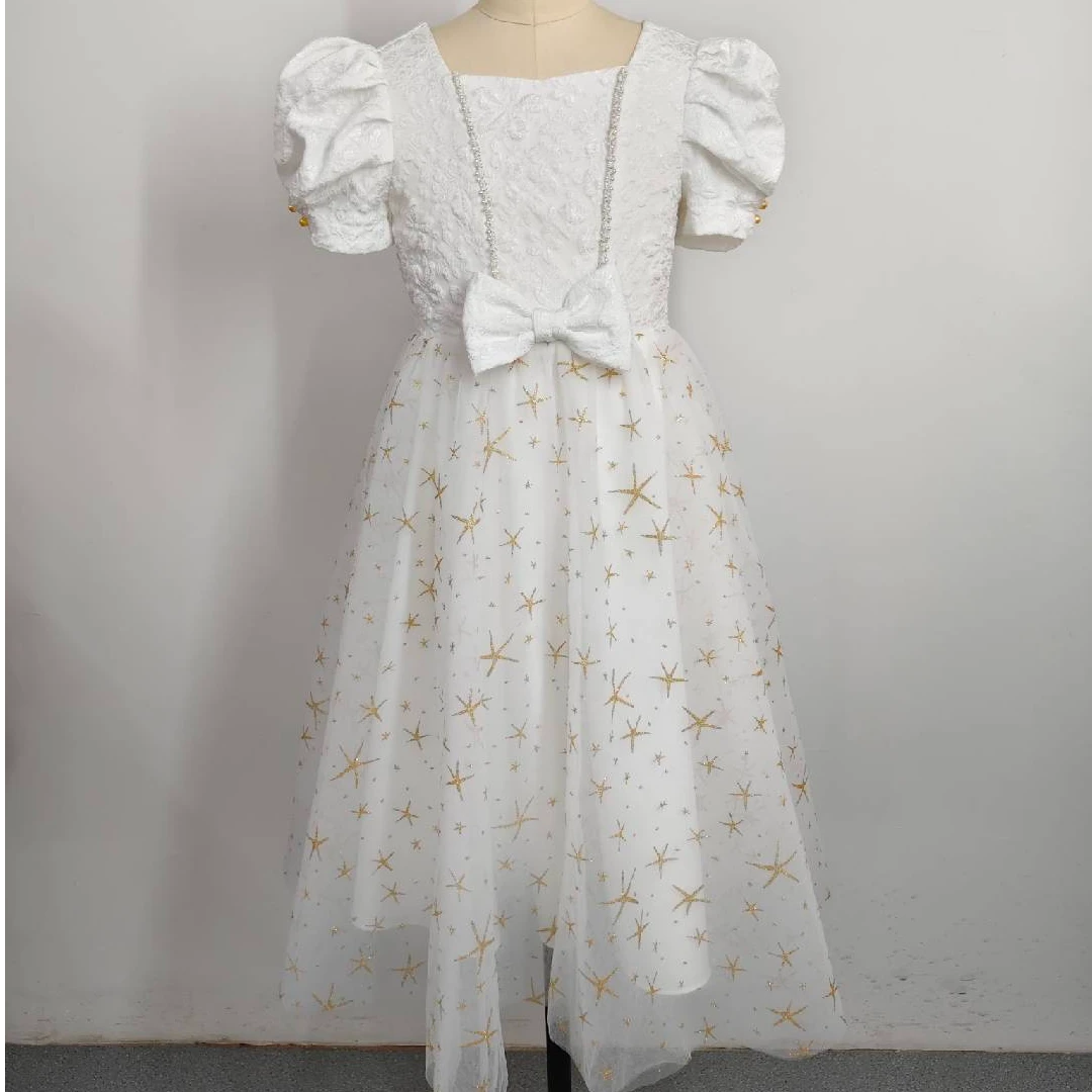 女童泡泡袖，星星网纱长裙，浪漫氛围感蓬蓬网纱礼服裙