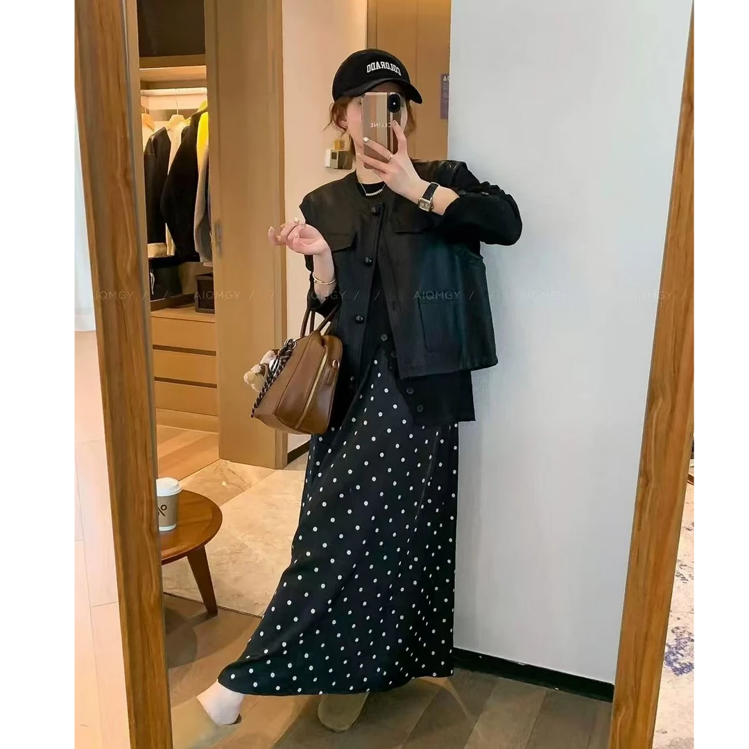 黑色圆领坎肩无袖马甲+衬衫+波点裙三件套早春新款叠穿三件套