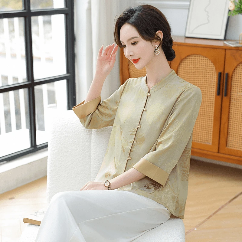 时尚印花中老年女装七分袖衬衫春夏季洋气开衫妈妈装宽松上衣开衫
