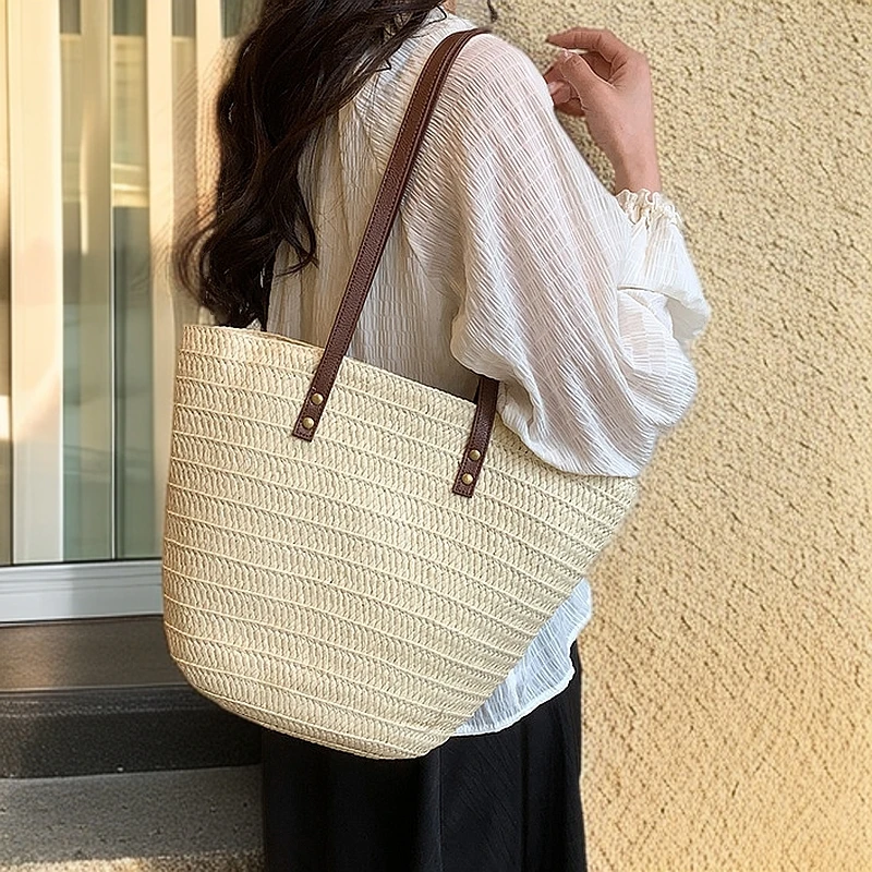 大容量通勤单肩托特包法式草编包包女2025夏季新款时尚编织沙滩包