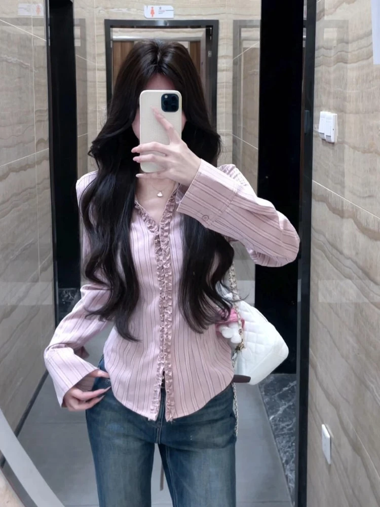 木耳边粉色条纹衬衫女轻奢高级感减龄洋气独特精致巨好看法式上衣