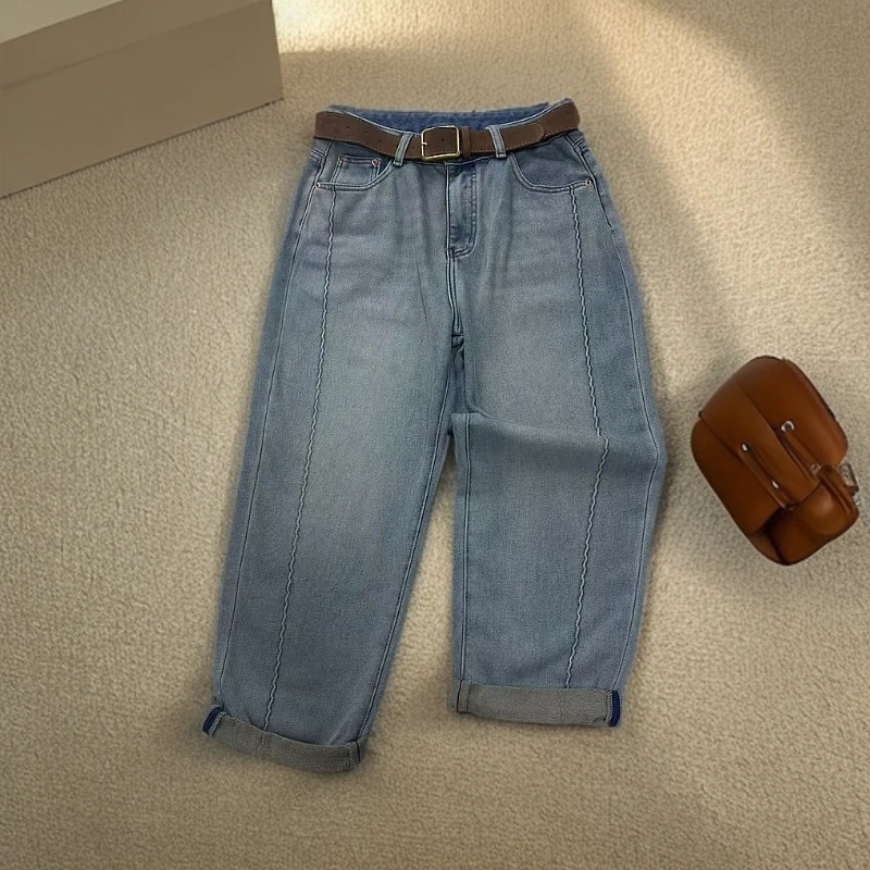 【锦衣服饰】79019（576）加绒时尚百搭蓝色牛仔老爹裤