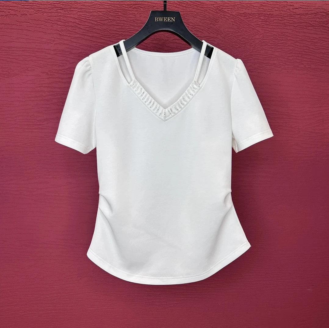 【七彩水晶珠领】25年夏季V领高级收腰半袖显瘦短袖T恤