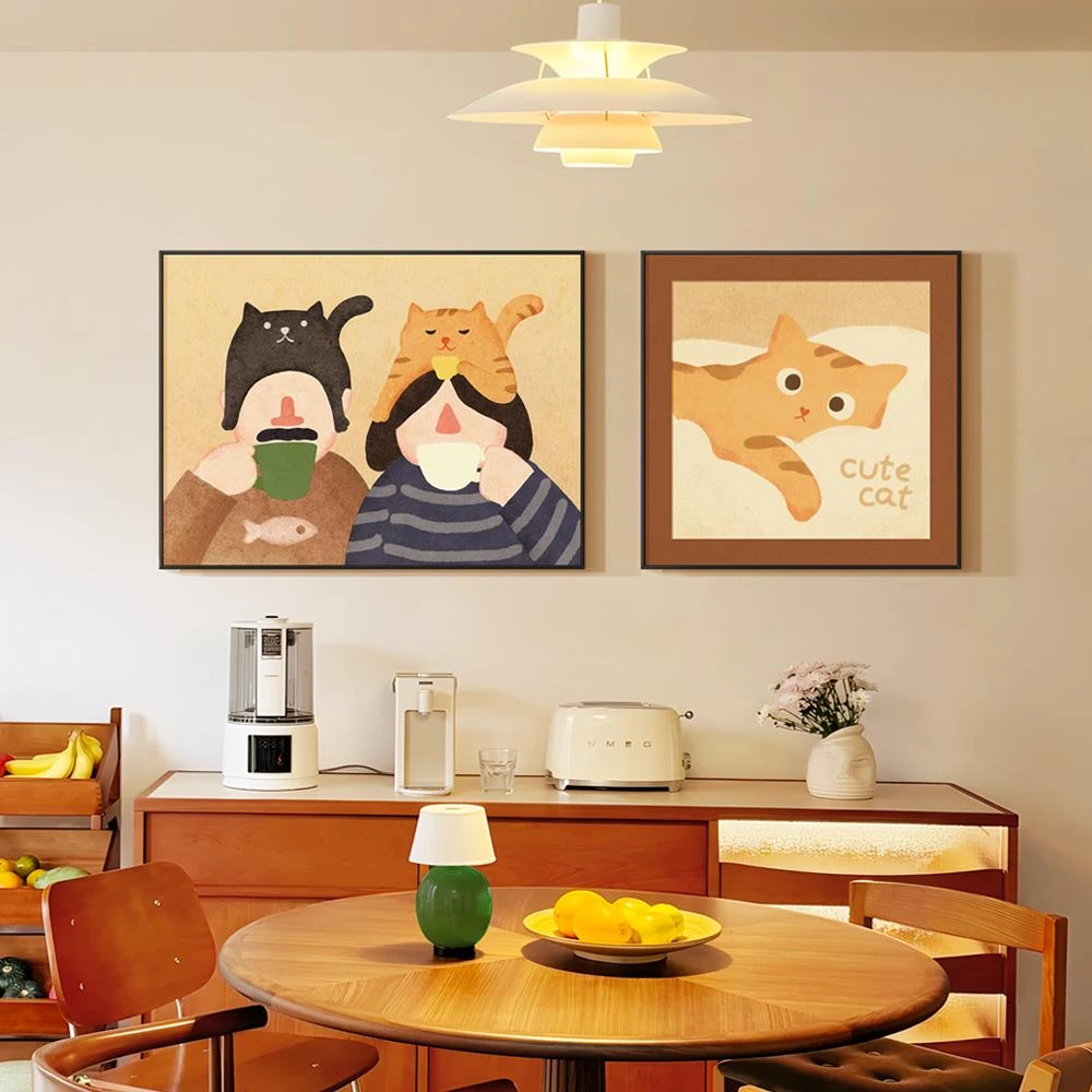 美拉德卡通猫咪餐厅挂画客厅装饰画中古风卧室床头组合壁画治愈系