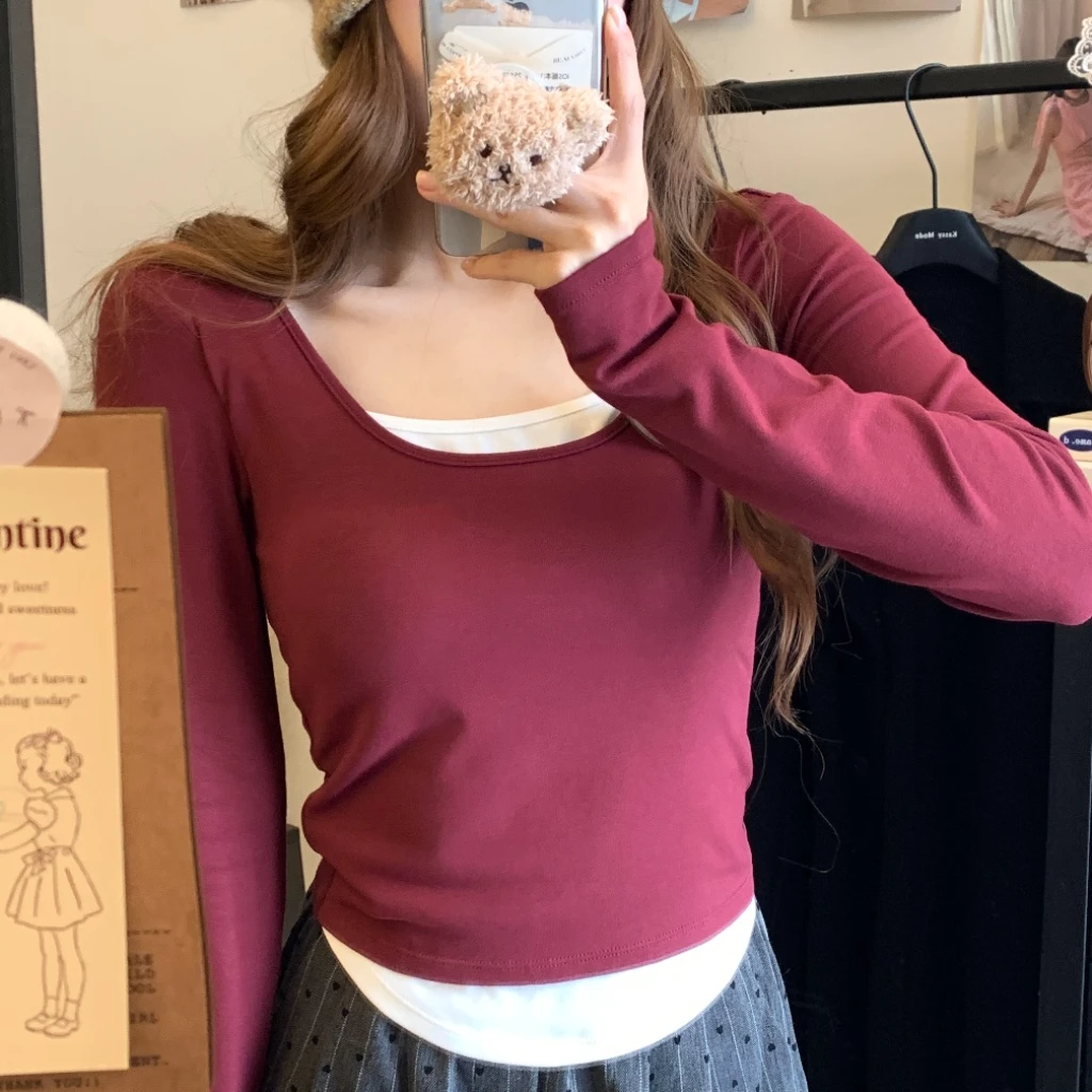 秋冬保暖长袖磨毛加厚自带胸垫假两件撞色修身显瘦百搭打底上衣