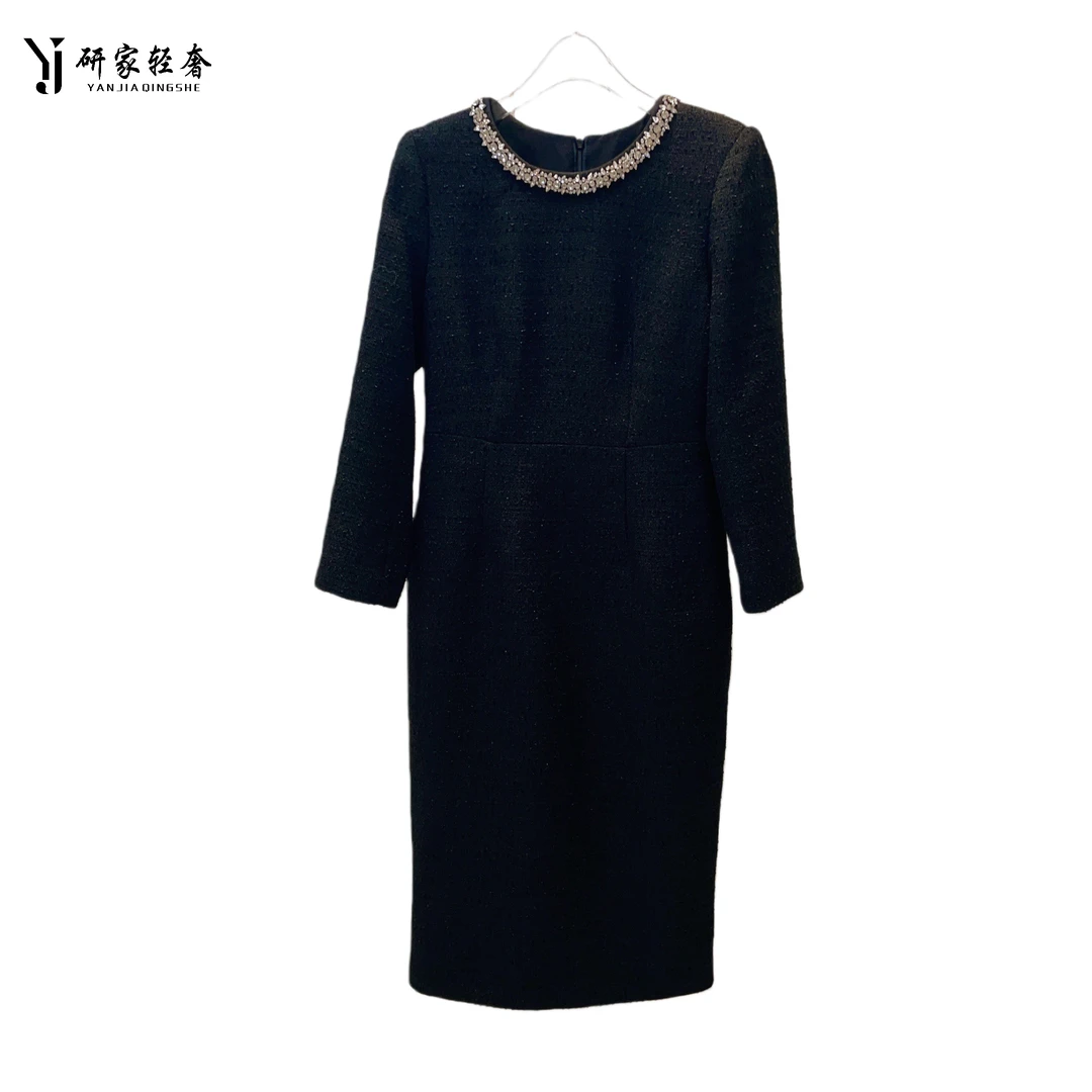 6205研家轻奢新款小香风重工钉珠显瘦圆领连衣裙