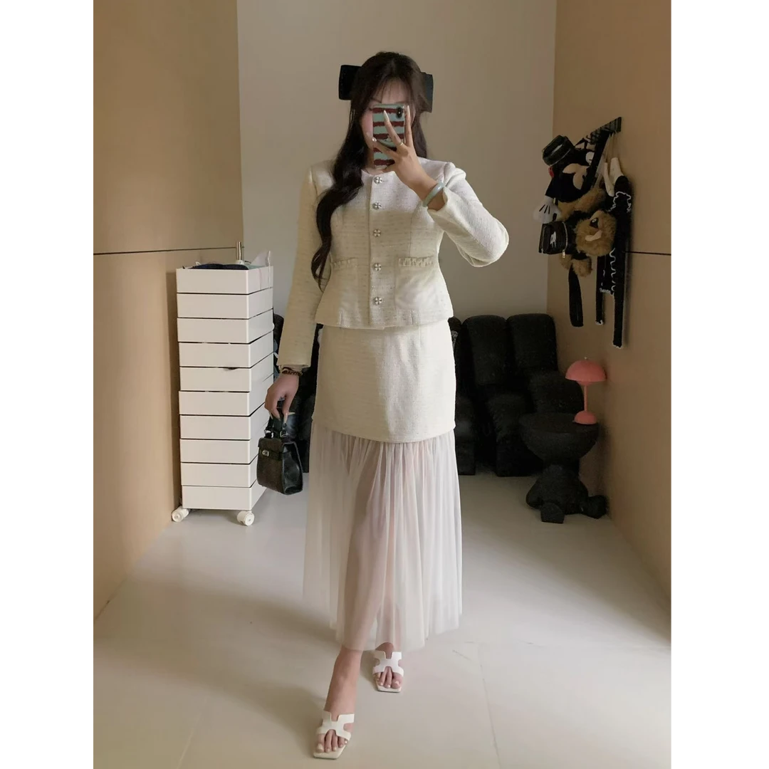 慧芝huizhi 巴黎之春 定制款 重工小香风气质拼接网纱套装