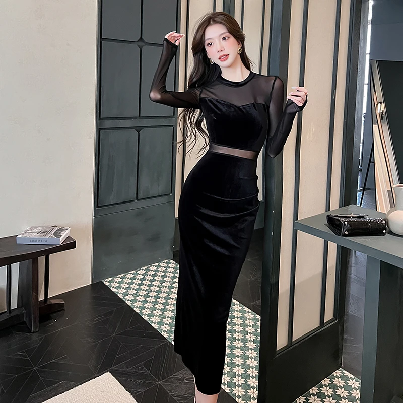 名媛辣妹网纱拼接透视长袖连衣裙2025新款修身显瘦镂空包臀长裙女