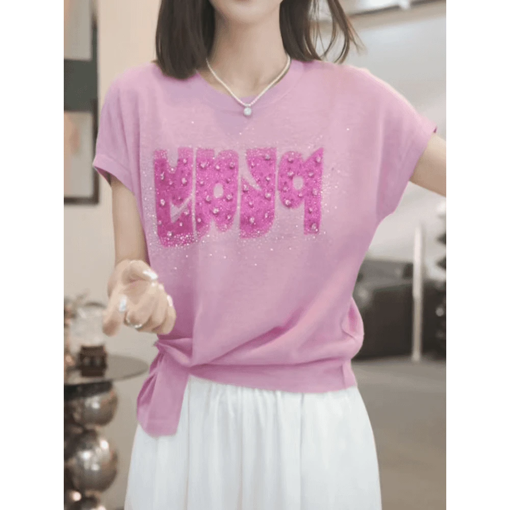 2025夏季新款韩版烫钻小众上衣设计感字母涂鸦修身显瘦短袖T恤女