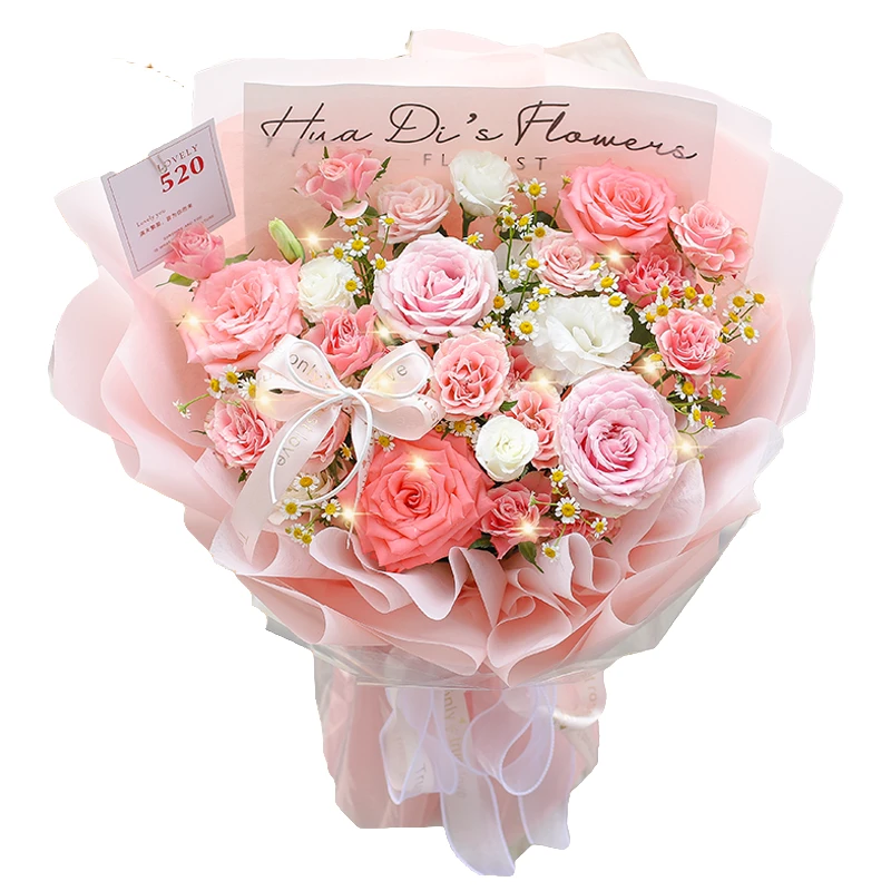 5枝粉玫瑰混搭韩式花束