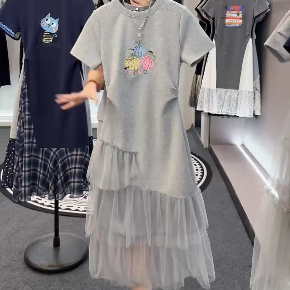 夏季显瘦时尚刺绣小南瓜拼接减龄连衣裙网纱中长款裙裙子女
