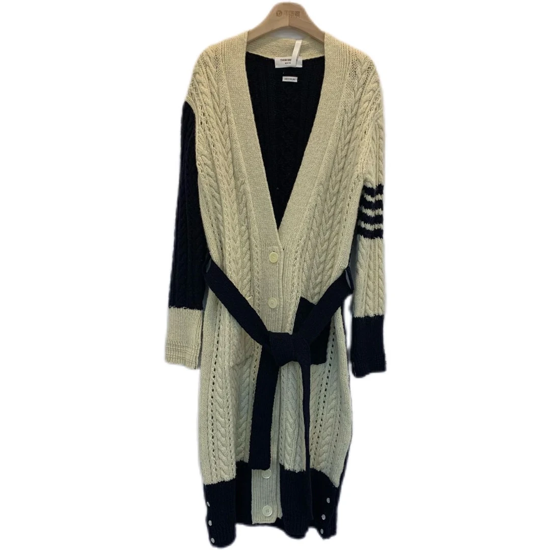 99新 THOMBROWNE 拼接V领休闲长款毛衣女款 米白色 H0936 40码 CS