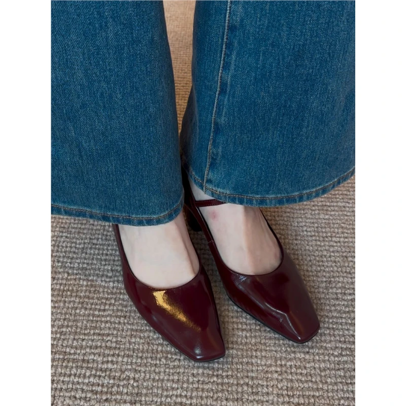 毛呢玛丽珍鞋气质中跟方头单鞋女2025春新款粗跟百搭一字带高跟鞋