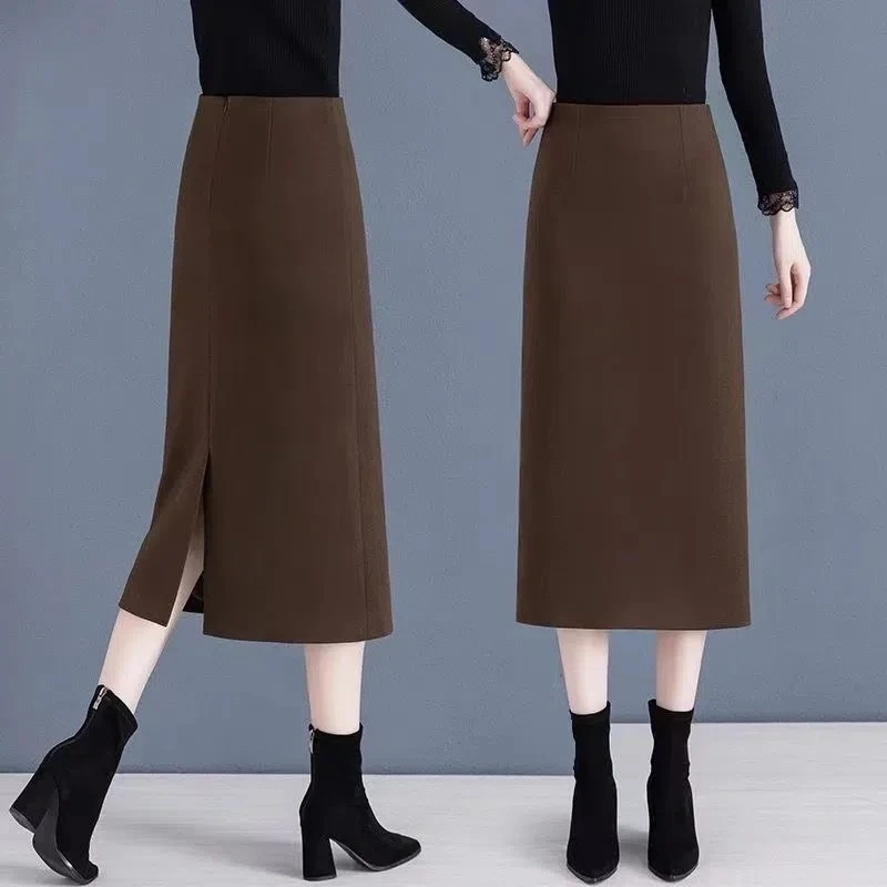 毛呢半身裙女秋冬新款高级感中长款高腰开叉加厚直筒包臀一步裙子