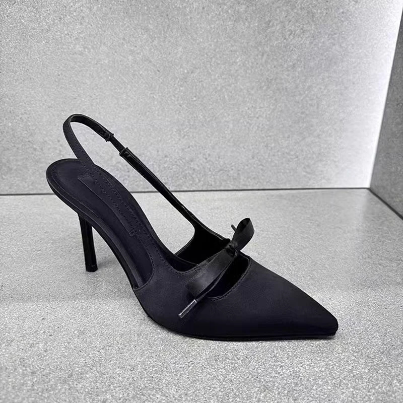 缎面蝴蝶结尖头绝美高跟鞋女2025夏季新款性感细跟凉鞋法式单鞋