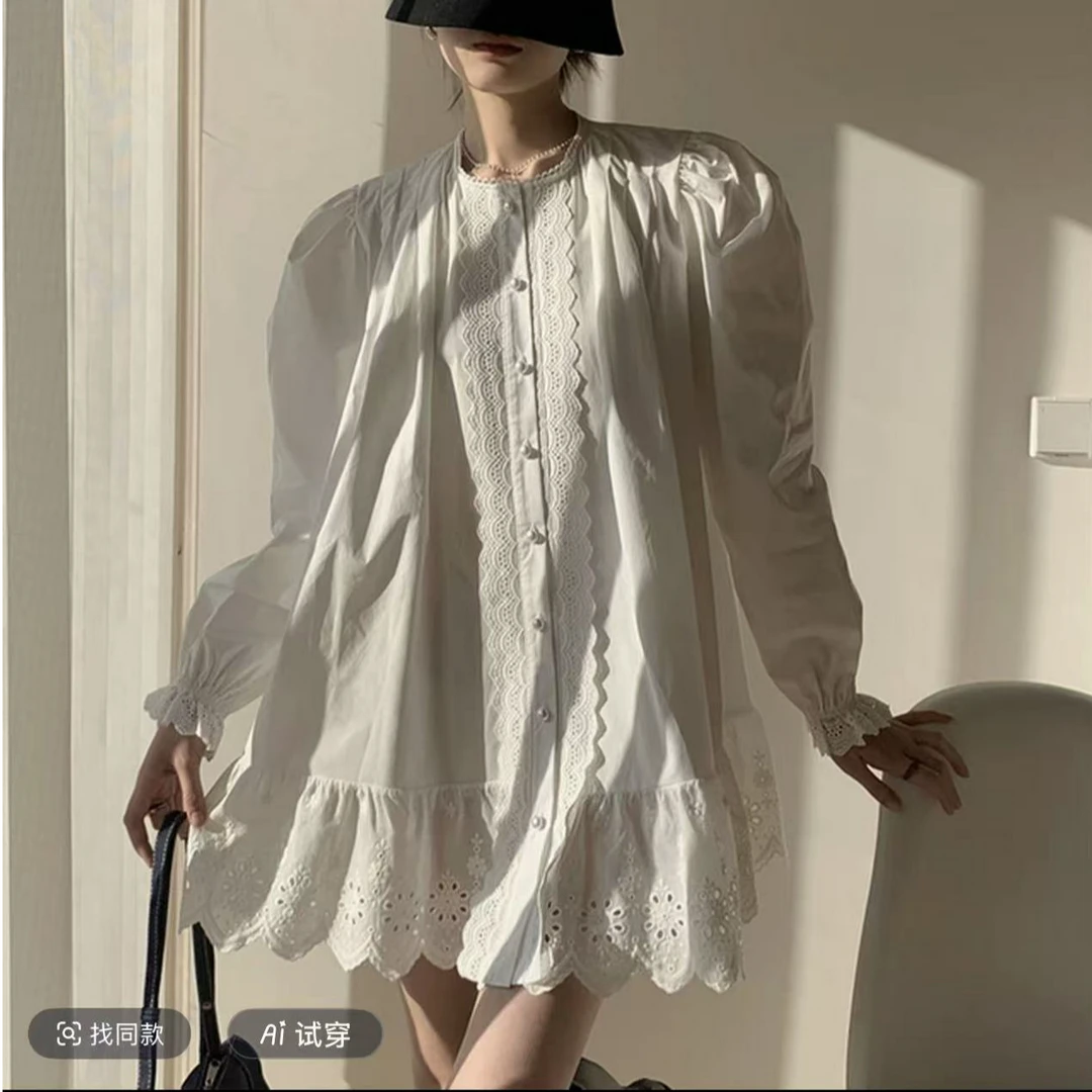 【FAFA】大码女装韩版蕾丝花边宽松百搭衬衫甜美小个子连衣裙