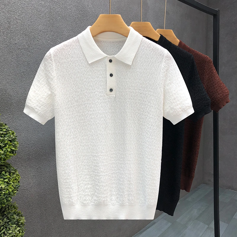 DeweLvum透气休闲百搭针织衫短袖T恤男潮牌翻领薄款半袖毛衣男装