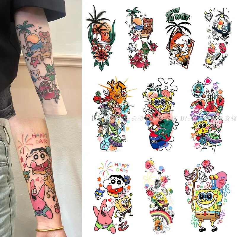爆款oldschool可爱花臂彩色纹身贴动漫卡通防水持久甜酷小臂贴纸i