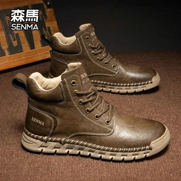 森马工装鞋男款春秋英伦休闲皮鞋耐磨百搭男士手工缝制高帮马丁靴