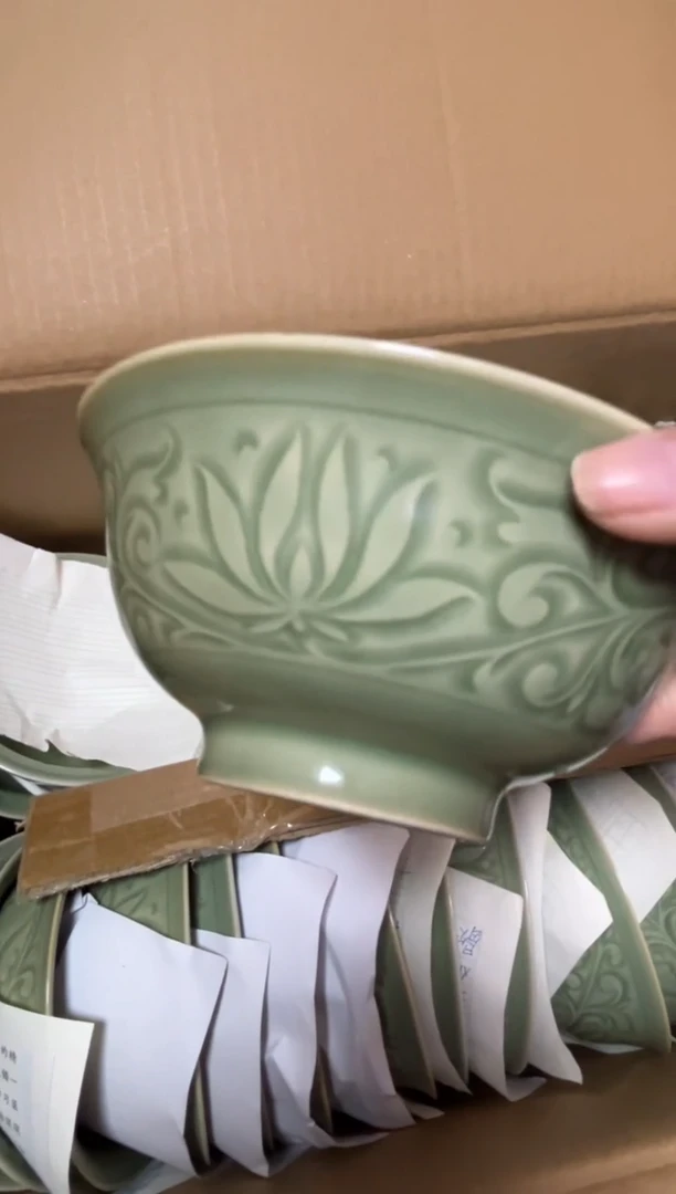 陶瓷耀州窑青釉5.3寸缠枝莲纹玉兰碗正品一只