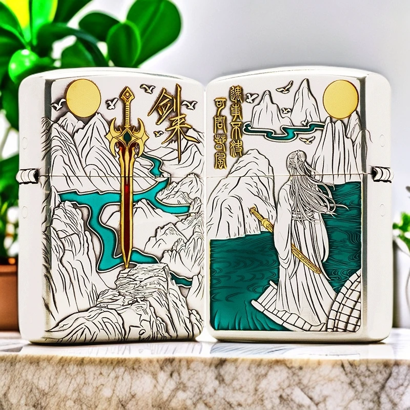 【ZIPPO】zippo打火机镀银鎏金剑来盔甲机3D浮雕珐琅彩DYJ1