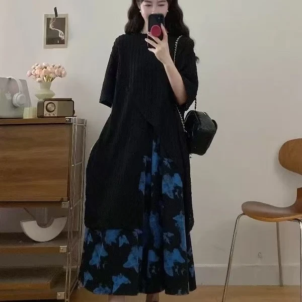 2025夏季新款大码女装时尚显瘦休闲遮肉慵懒风开叉半袖印花半身裙