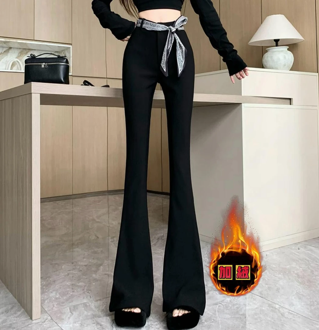 【送丝巾】h加绒加厚黑色微喇裤女2025新款高腰显瘦垂感休闲长裤