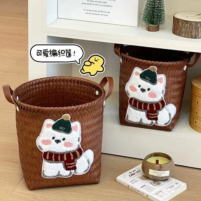 洛诺兔可爱长毛小狗加大圆款大容量编织脏衣篮复古仿藤编收纳筐