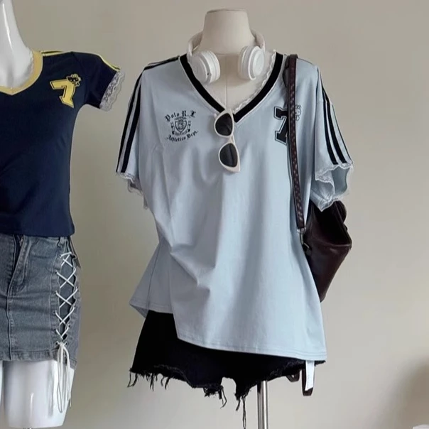 清仓捡漏~奥特莱斯蓝色kitty球衣v领短袖t恤女夏运动宽松半袖上衣