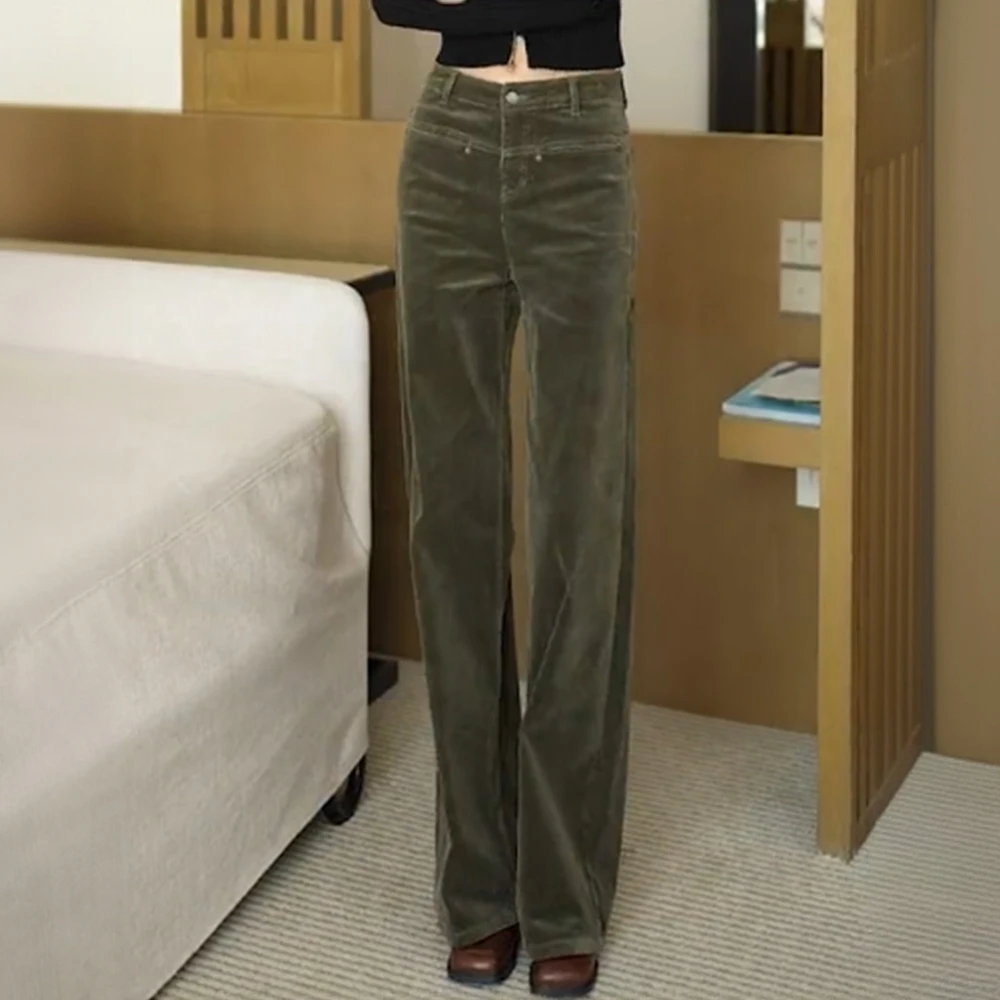 拉夏贝尔休闲阔腿裤2025年秋冬季新款加绒加厚条绒直筒休闲裤