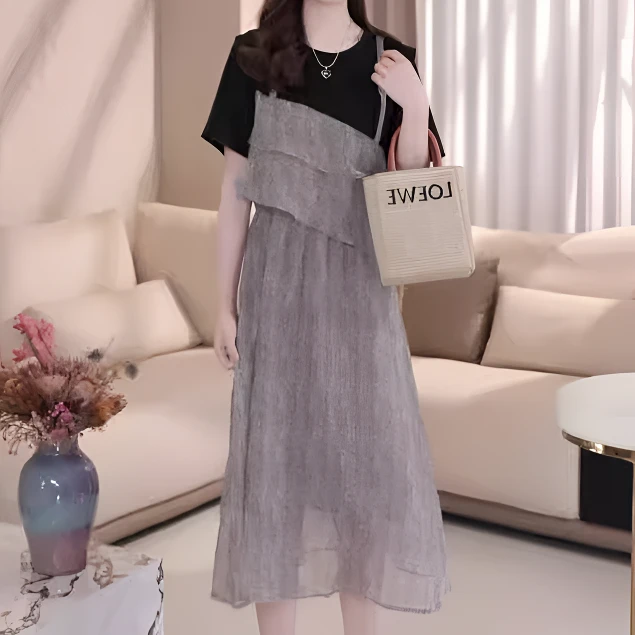 洋气小众设计感拼接气质假两件连衣裙2025夏季新款高腰显瘦a字裙