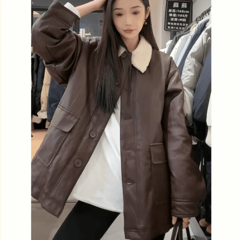 韩系纯色长袖单排扣大衣女装冬季新款时尚休闲宽松保暖开衫外套女