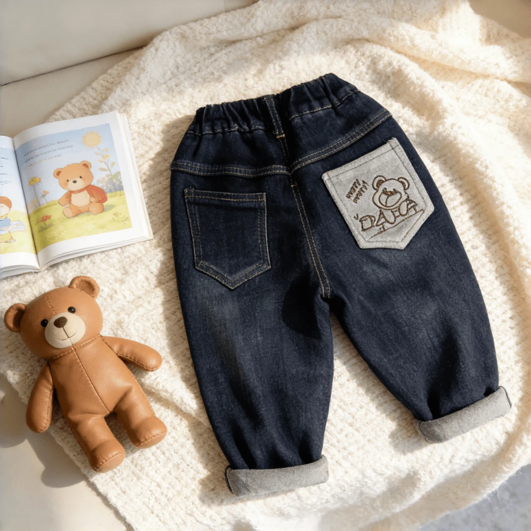 2025冬季男童加绒牛仔裤儿童卡通刺绣一体绒保暖长裤宝宝宽松冬装