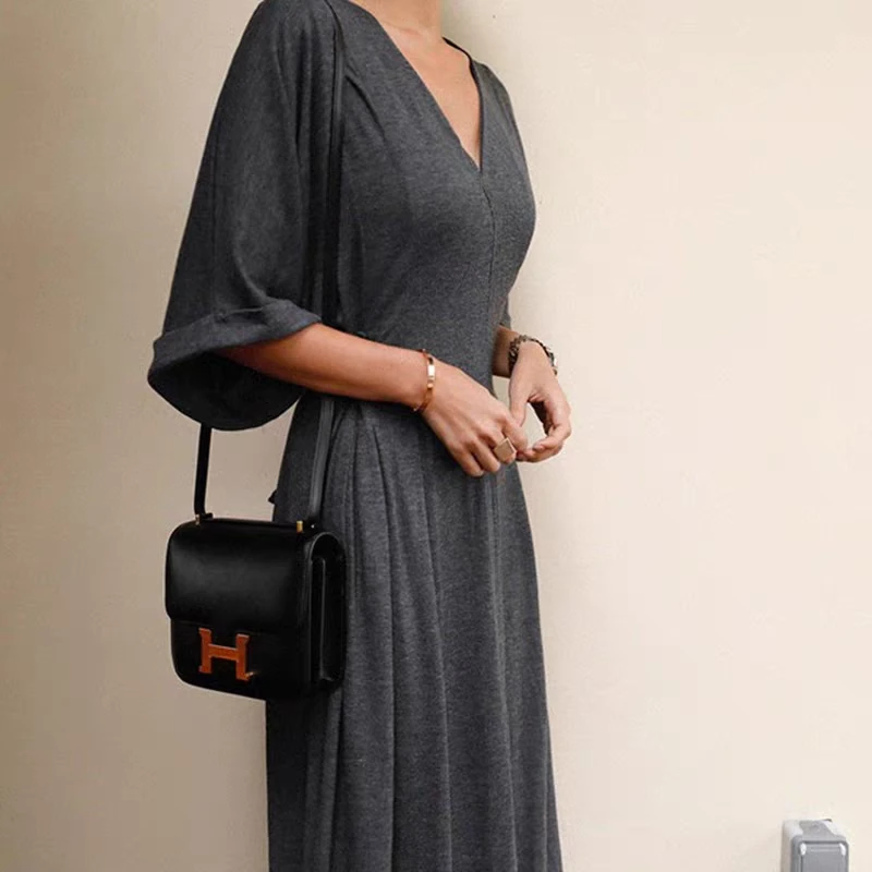 纯棉T恤连衣裙女中长款V领系带裙子