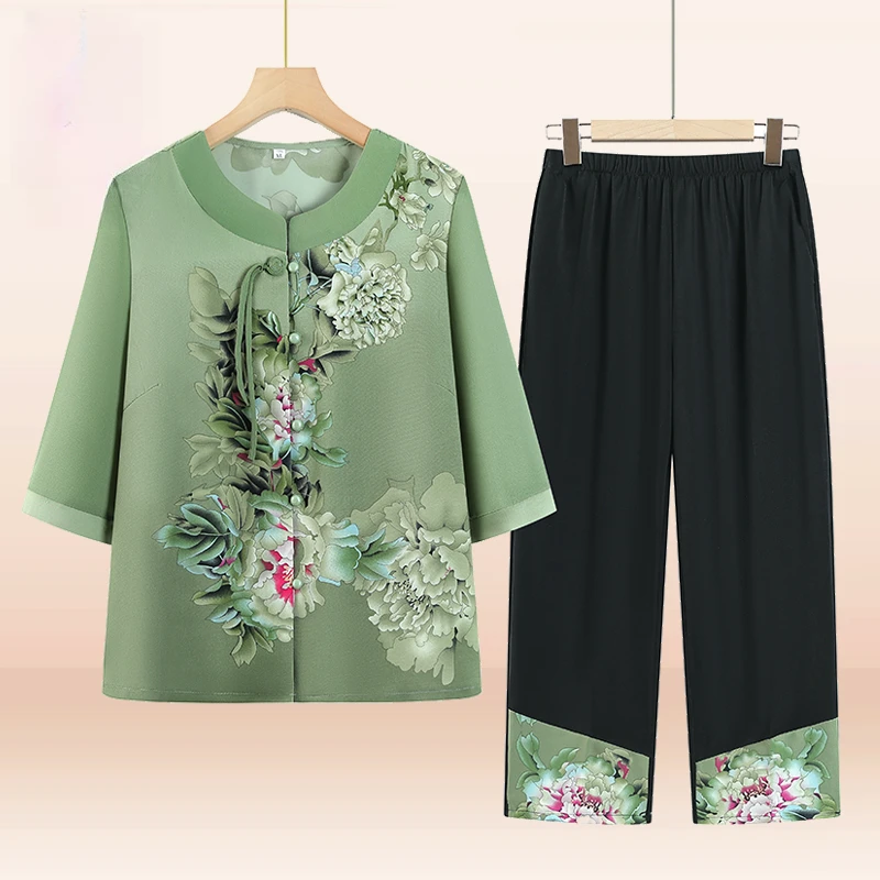 中老年人夏装套装女奶奶2025新款雪纺妈妈夏季上衣裤子老太太衣服