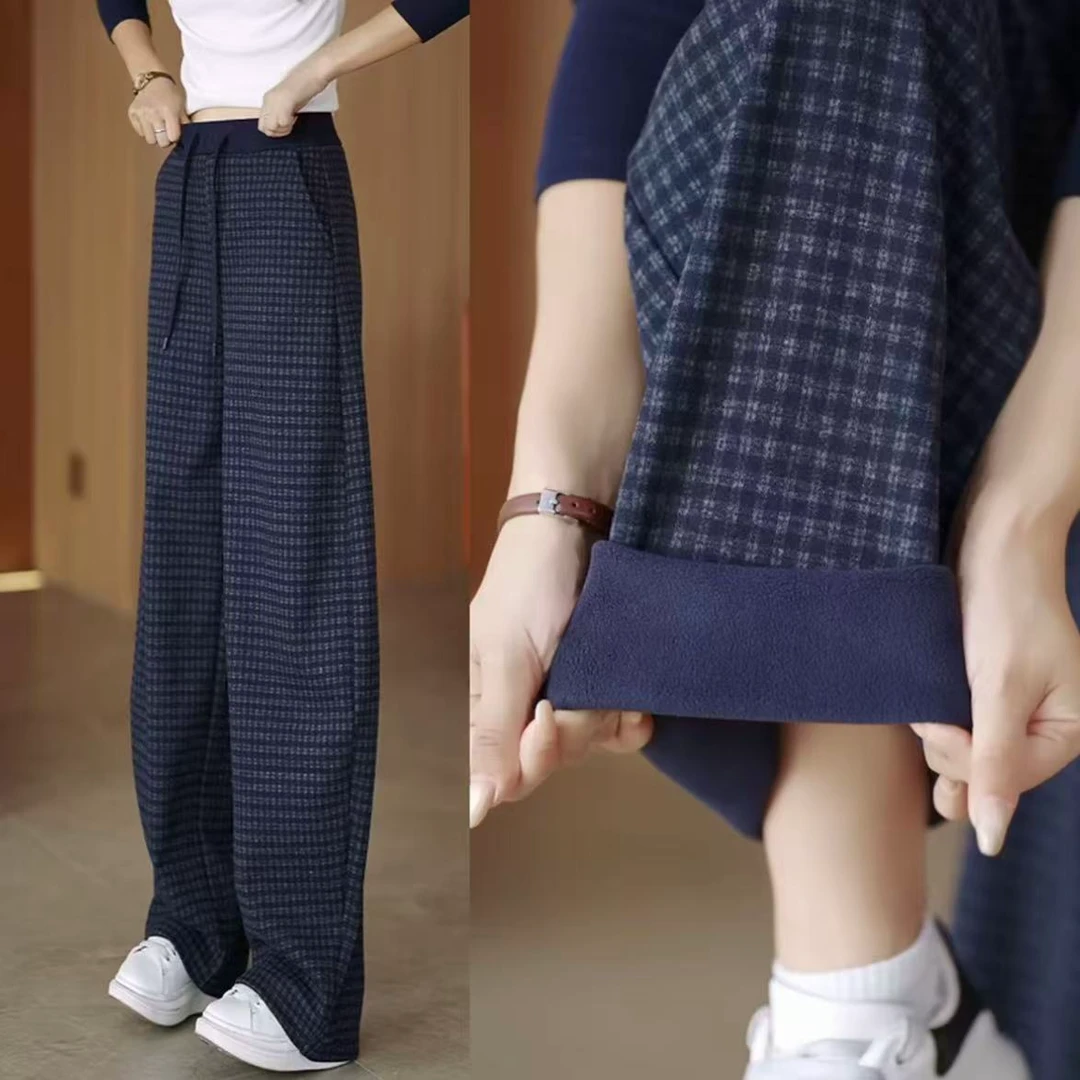 加绒加厚休闲阔腿裤女2025新款休闲裤高腰弯刀裤格子时尚秋冬裤子
