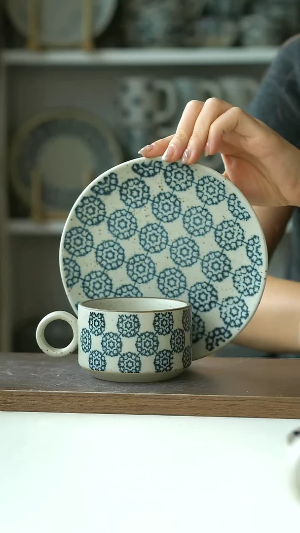 粗陶手绘绣球咖啡杯200ml+绣球甜品碟16cm@7-7@