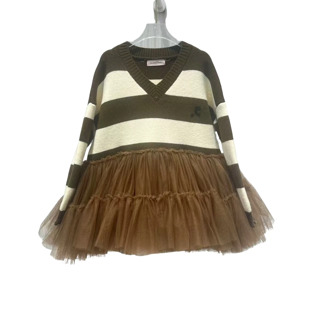 3997【珍珍优选】设计师新款拼接纱纱冬季长袖女装连衣裙