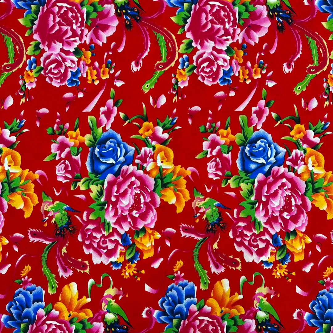 七彩红色凤穿牡丹东北大花棉绸面料