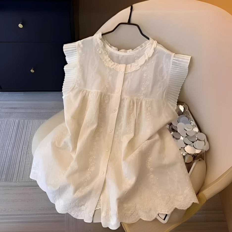 衬衫夏季纯棉透气法式刺绣女士薄款木耳女生短款2025年流行娃娃衫