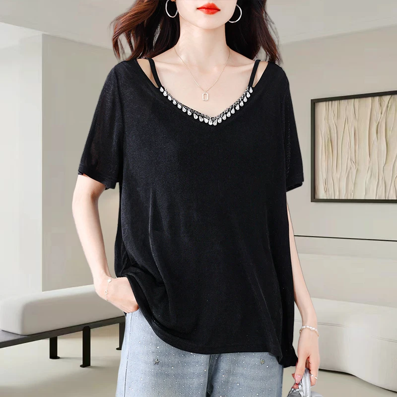 重工钉钻设计感露肩短袖t恤女夏季2025新款时尚减龄宽松显瘦上衣