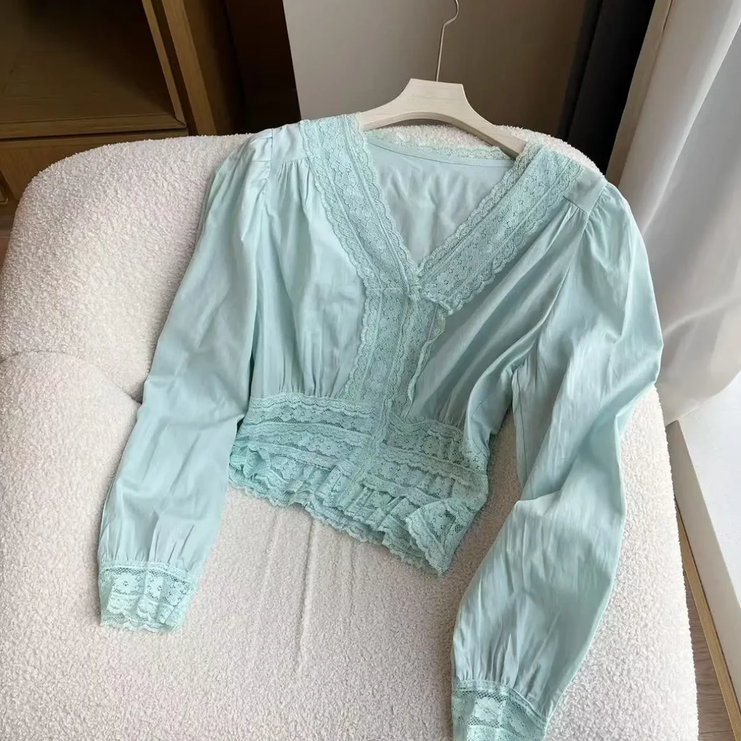 蕾丝拼接衬衫2025新款春季韩版气质V领衬衣收腰小衫时尚上衣