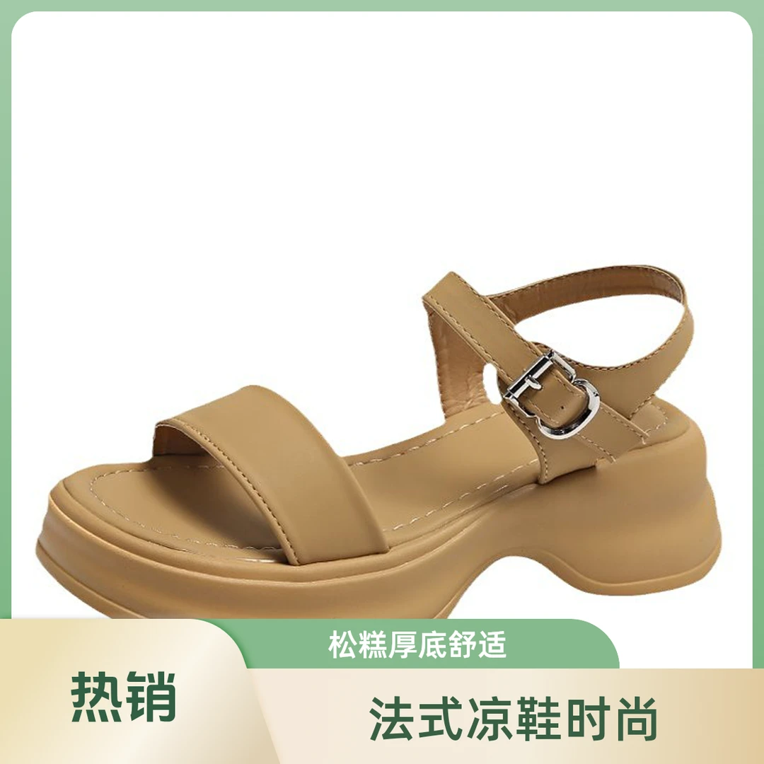 法式一字带小个子松糕厚底银色女款2025凉鞋女款2025新款爆款