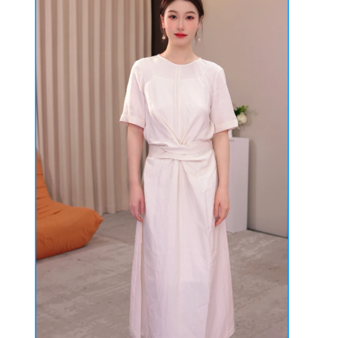 2025夏新款棉麻交叉绑带显瘦收腰短袖连衣裙女中长裙