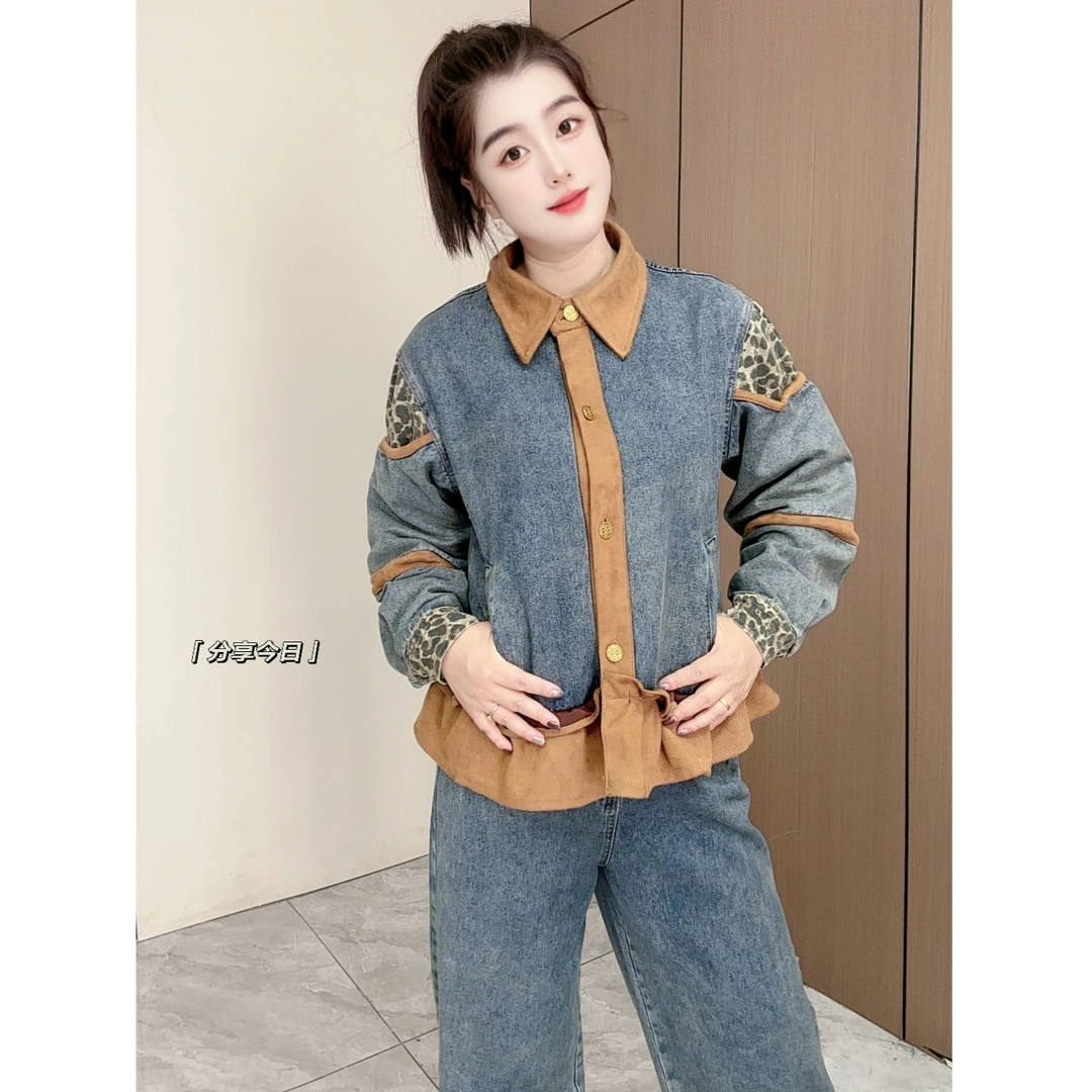 秋季牛仔拼接荷叶边POLO领上衣外套裤子俩件套8283款